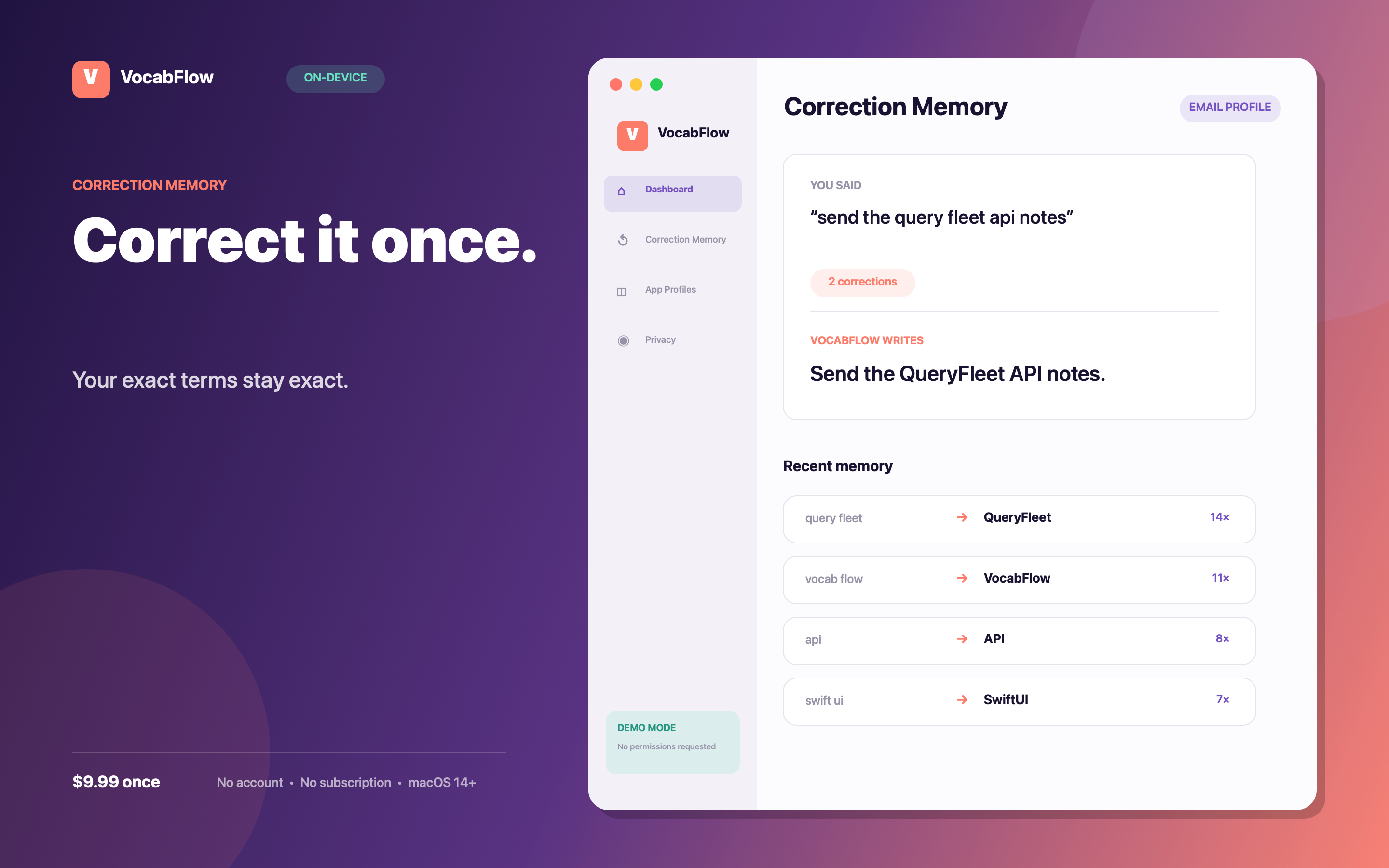 VocabFlow for Mac: Correction Memory turns your spoken terms into exact, reusable writing.