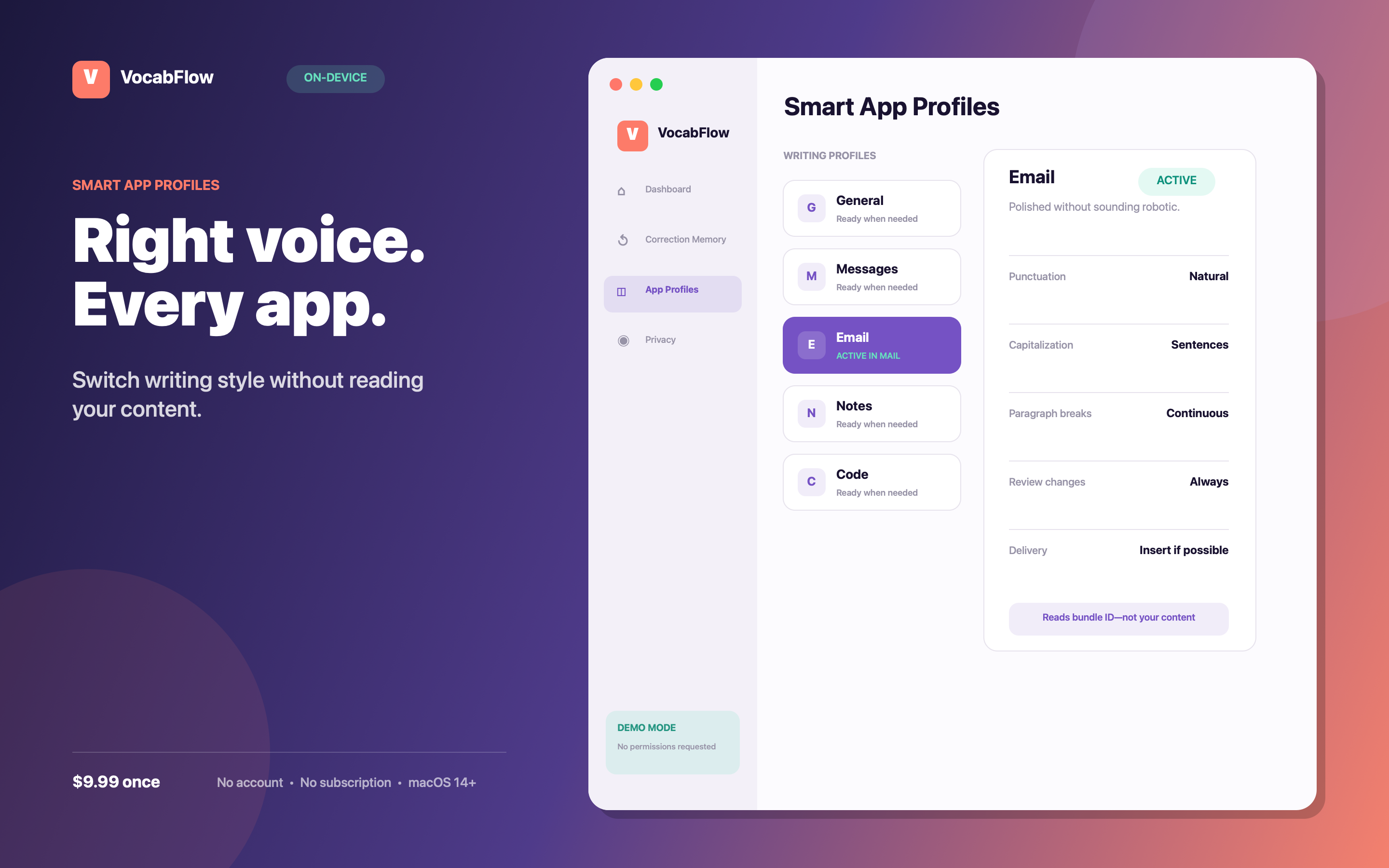 VocabFlow for Mac: Smart App Profiles automatically choose the right writing style.