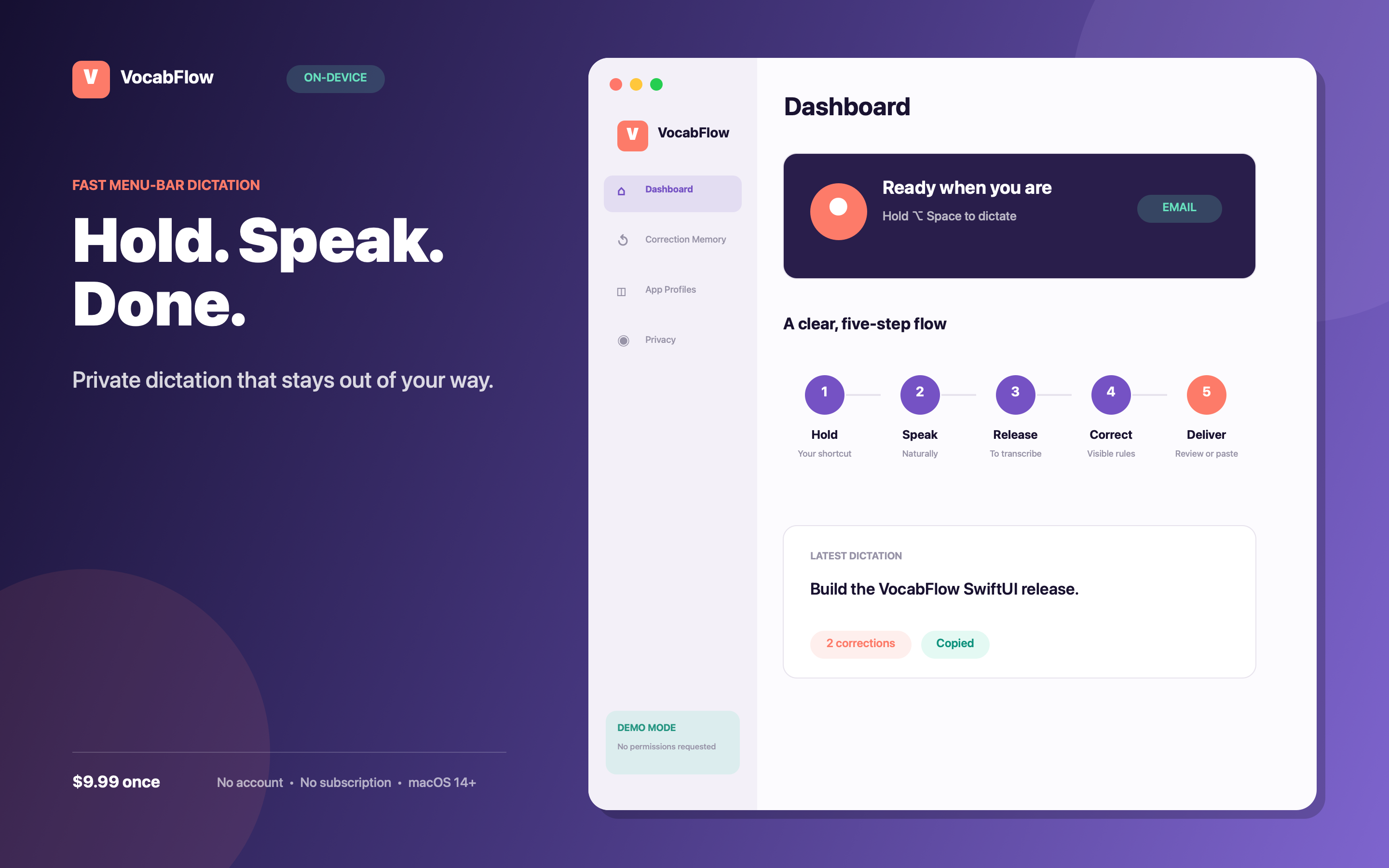 VocabFlow for Mac: A focused hold-to-talk flow built for the Mac menu bar.