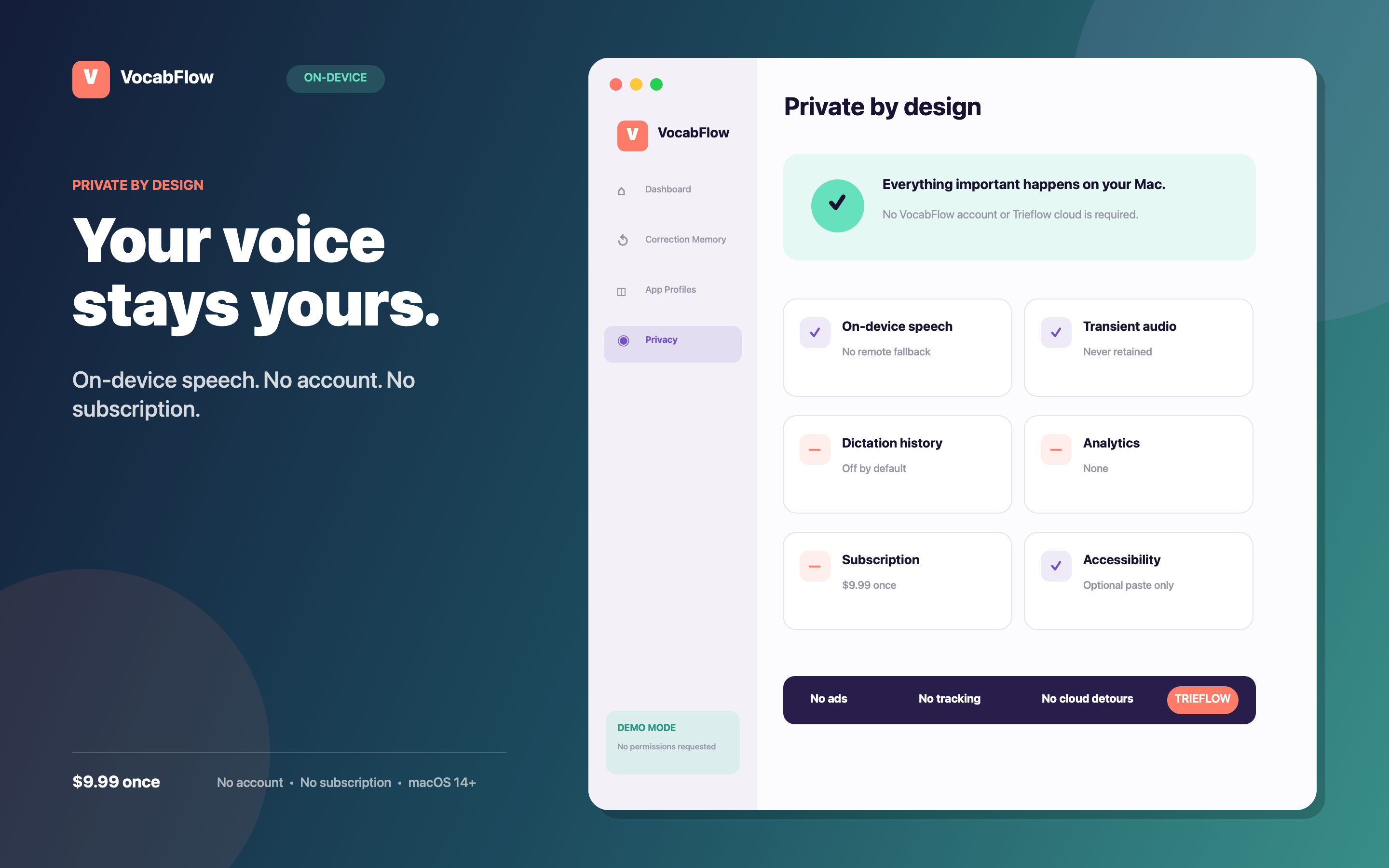 VocabFlow for Mac: On-device recognition with no account, analytics, or subscription.